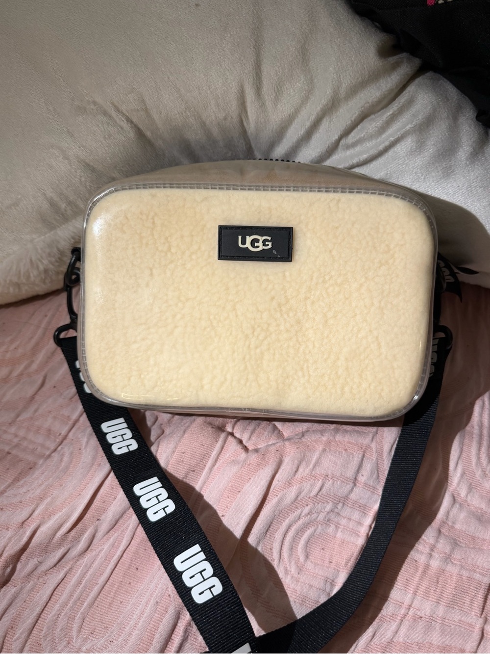 UGG Cream Shearling Crossbody with Black Logo Strap